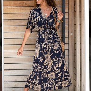 Navy Blue Floral V-Neck Gather Dolman Sleeve Maxi Dress